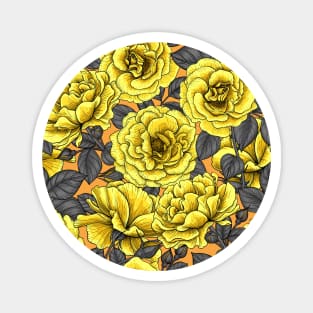 Yellow roses with dark gray leaves on orange Magnet